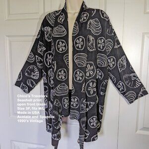 Chico's Travelers black & white seashell print open front blazer Sz 3P, Made USA